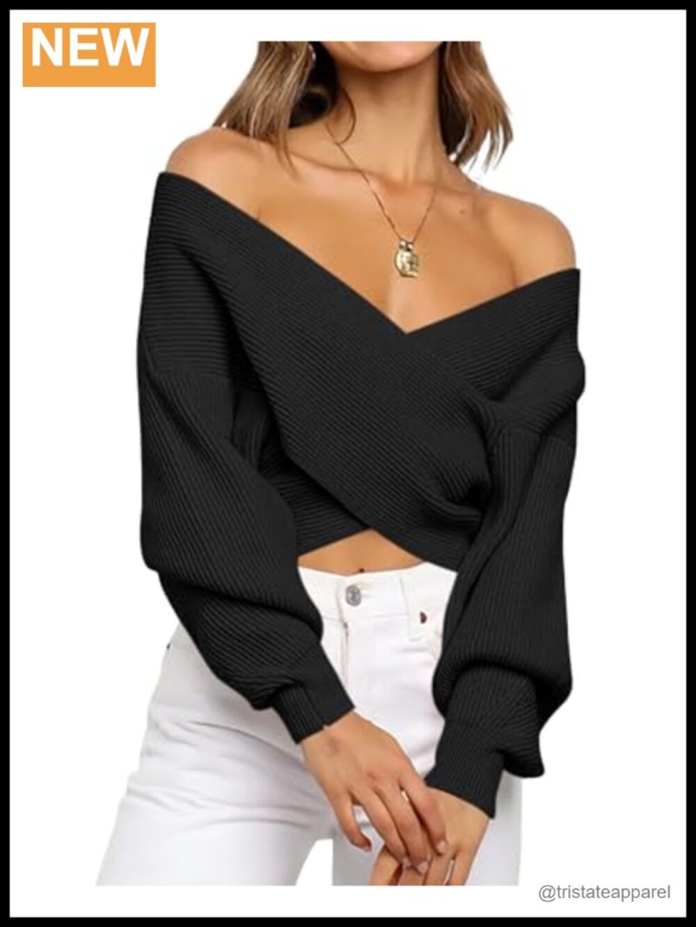 Off Shoulder Ribbed Knit Sweater Criss Cross Wrap V Neck Pullover